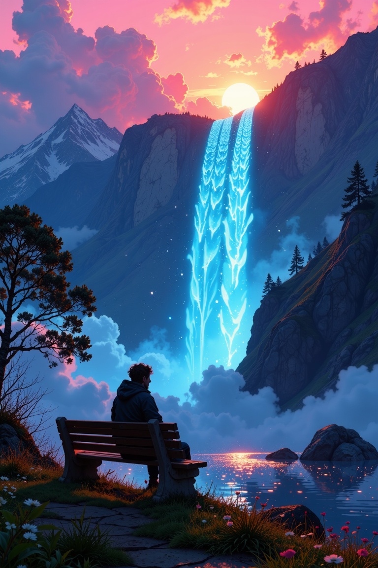 A dreamlike sci-fi portrait of a lone figure sitting on a park bench,  gazing at an immense,  vibrant waterfall glowing wi...