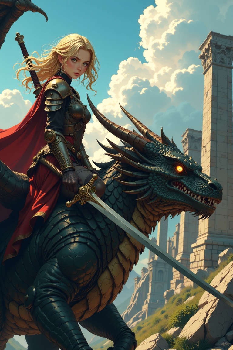 A cinematic photograph featuring a closeup portrait of an angry female dragon rider sitting on the back of a humongous fly...