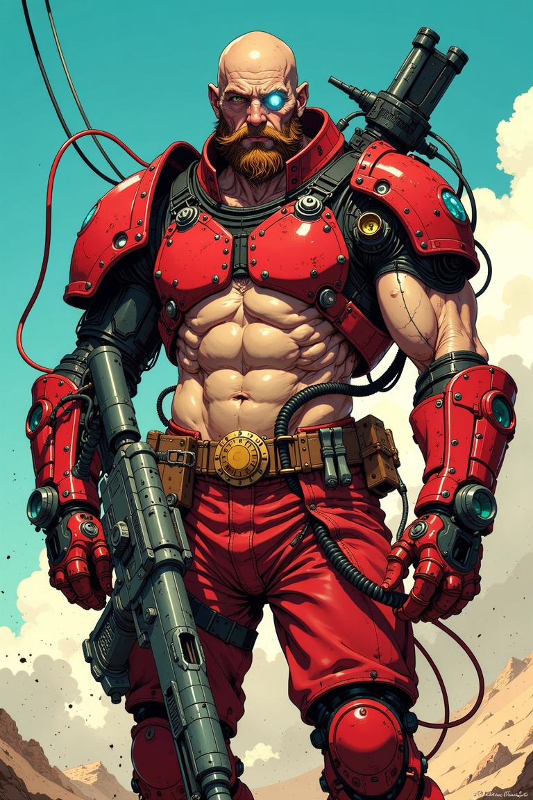 A rugged cyberpunk warrior with a bald head,  thick beard,  and an eyepatch on Tensor.Art