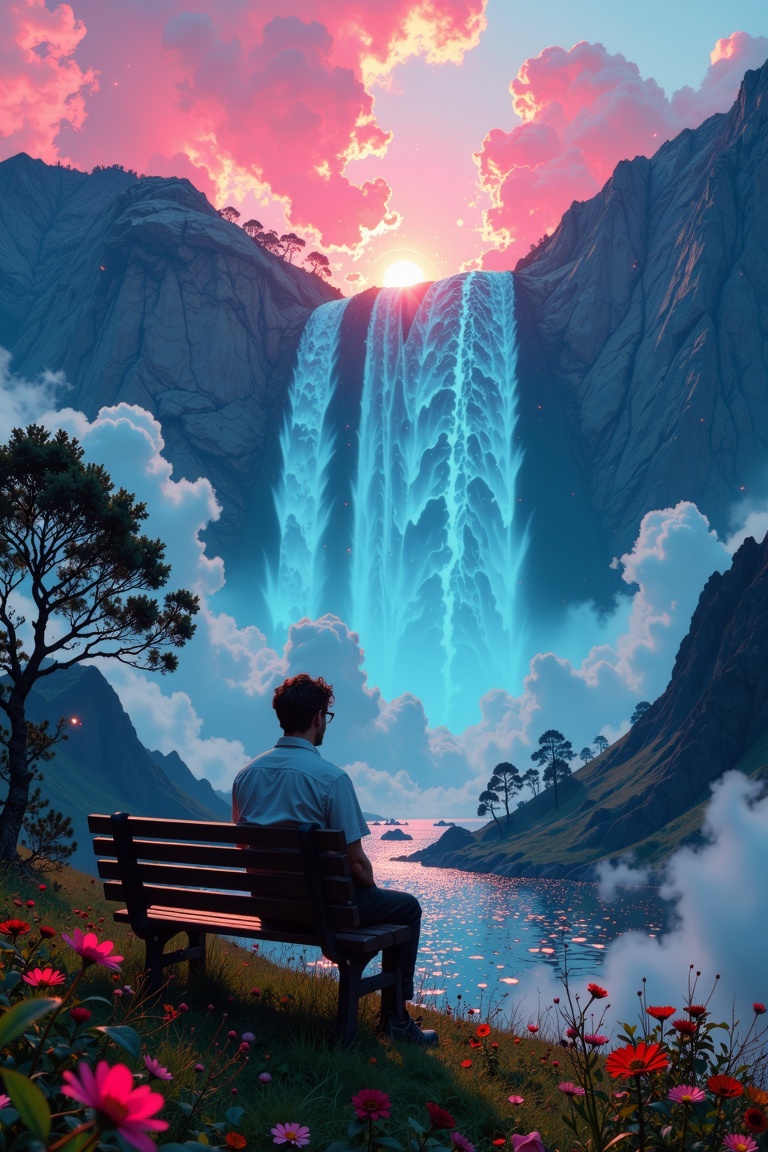 A dreamlike sci-fi portrait of a lone figure sitting on a park bench,  gazing at an immense,  vibrant waterfall glowing wi...
