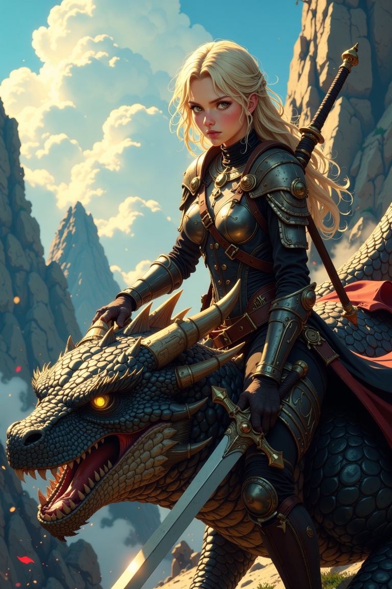 A cinematic photograph featuring a closeup portrait of an angry female dragon rider sitting on the back of a humongous fly...