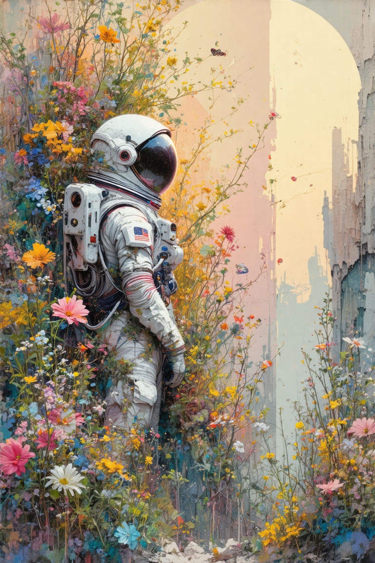 A surreal woman astronaut in a decayed spacesuit,  biomechanical and overgrown with colorful flowers. Soft pastel tones wi...
