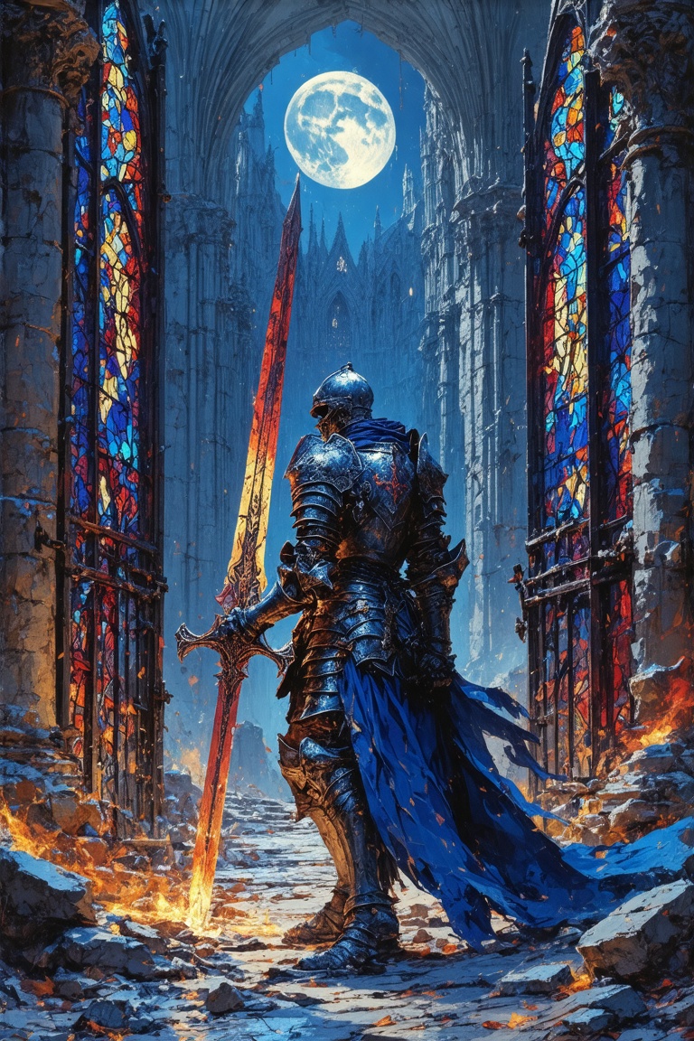 A lone revenant knight,  clad in battle-worn armor etched with faded holy symbols,  stands at the gates of a ruined cathed...