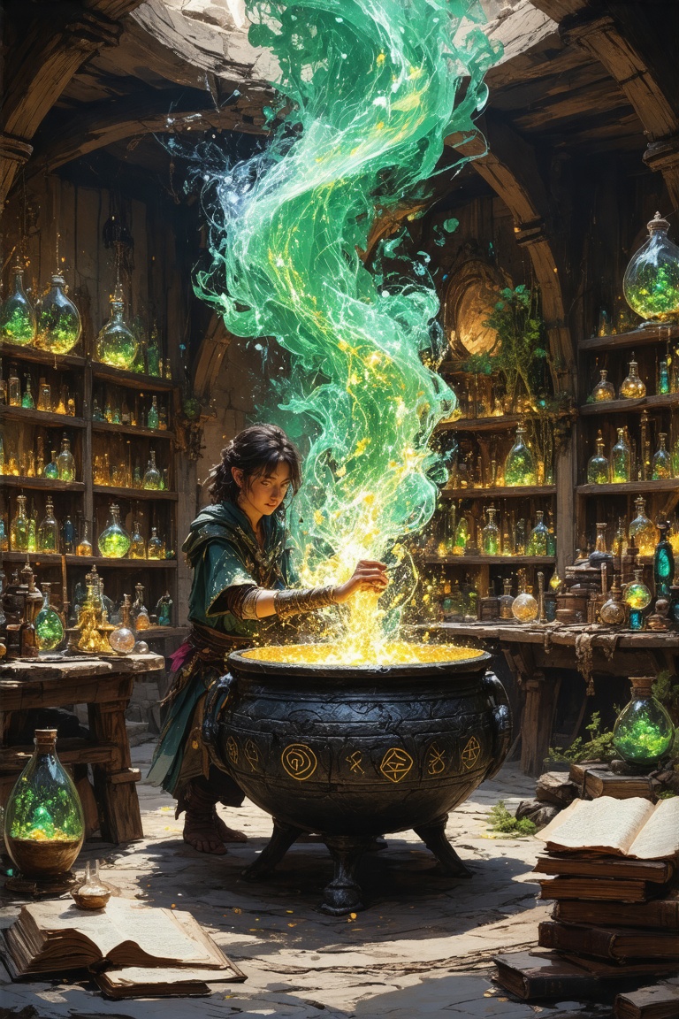 A young alchemist kneels before an ancient stone cauldron,  swirling with liquid gold and rising plumes of shimmering gree...