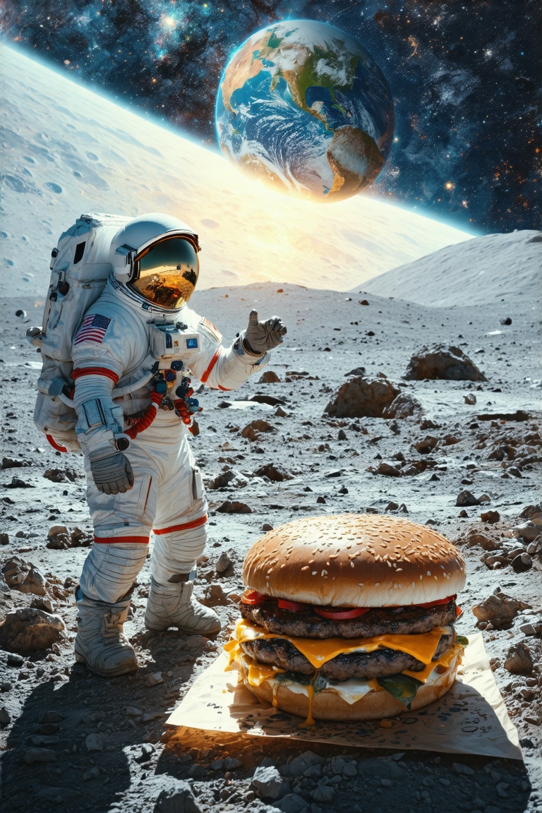 A juicy burger on the lunar surface,  with an astronaut in a sleek white spacesuit gesturing towards it. The vibrant blue...