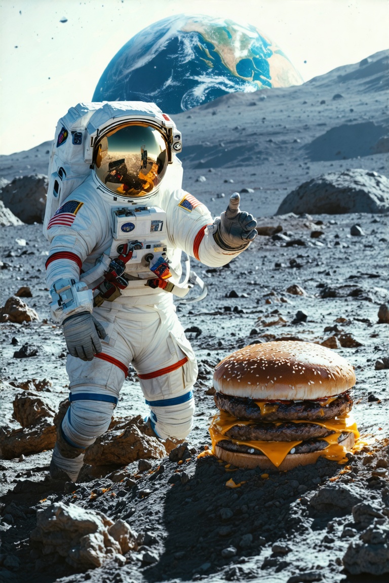 A juicy burger on the lunar surface,  with an astronaut in a sleek white spacesuit gesturing towards it. The vibrant blue...