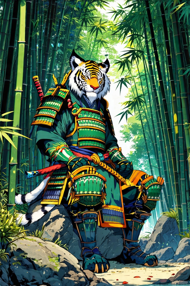Illistration,  OrigynS Anthropomorphic tiger warrior in a samurai outfit,  sitting on a rock in a lush bamboo forest. High...