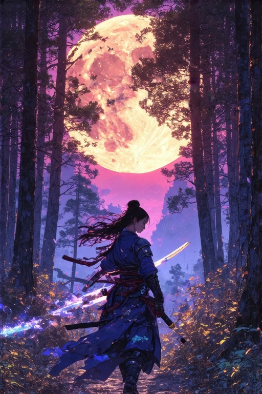 A warrior maiden stands defiantly amidst a Japanese forest,  walking cautiously through the darkness,  on the lookout for...
