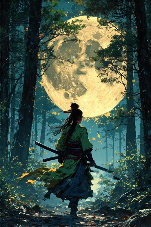 A warrior maiden stands defiantly amidst a Japanese forest,  walking cautiously through the darkness,  on the lookout for...