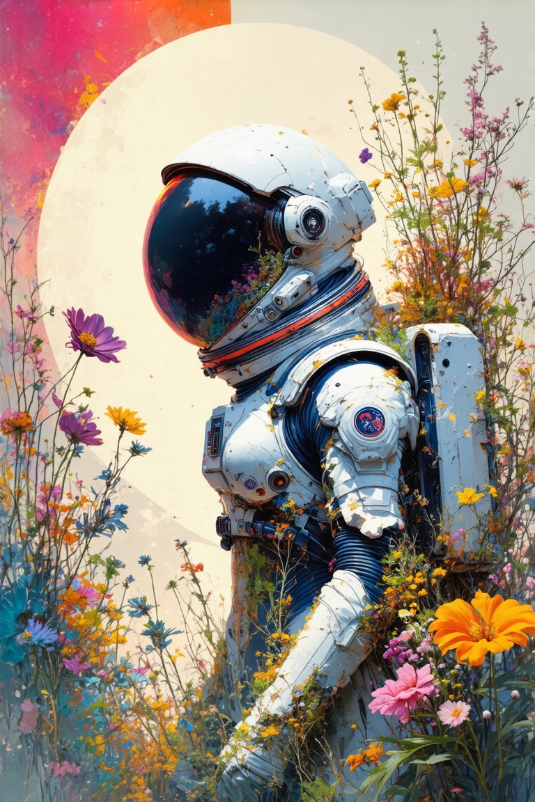 A surreal woman astronaut in a decayed spacesuit,  biomechanical and overgrown with colorful flowers. Soft pastel tones wi...
