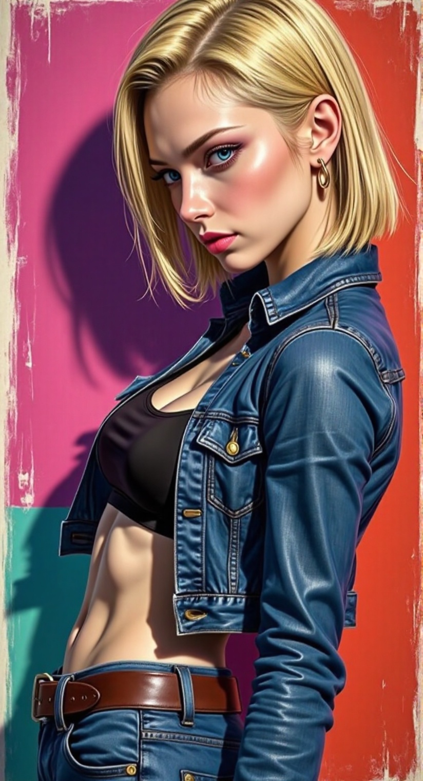 *"A hyper-realistic portrait of Android 18,  fusing the raw expressiveness of Egon Schiele,  the precise realism of Robin...