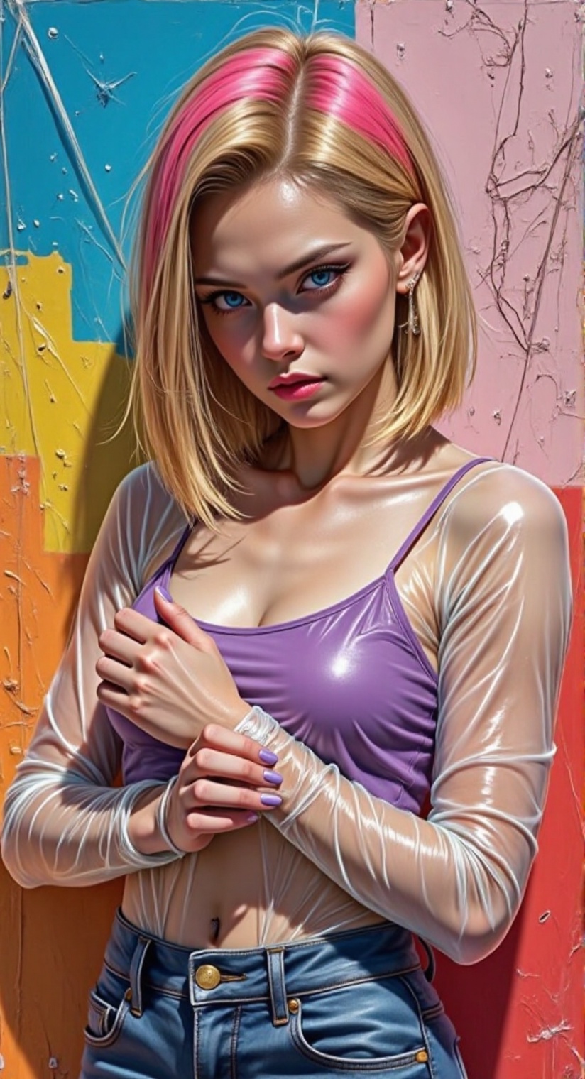 *"A hyper-realistic portrait of Android 18,  blending the emotional intensity of Egon Schiele,  the photorealistic plastic...