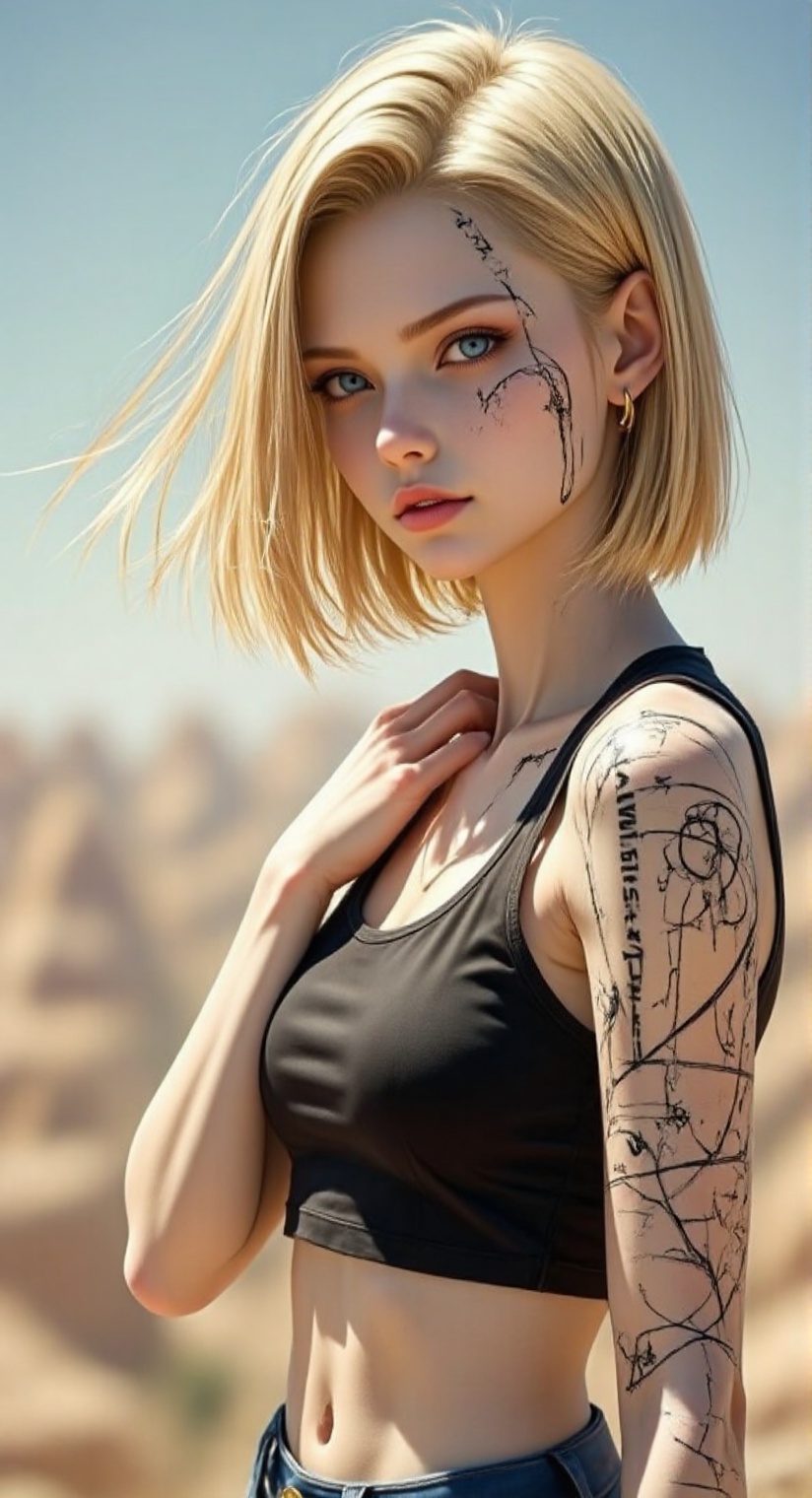 A surreal and expressive waist-up portrait of Android 18,  blending the intricate,  otherworldly linework of Moebius on Te...