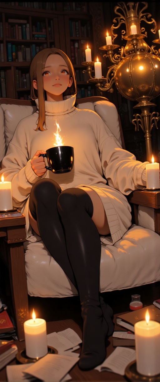 A young woman sprawls comfortably on a large,  overstuffed chair surrounded by books and flickering candles. She wears a l...