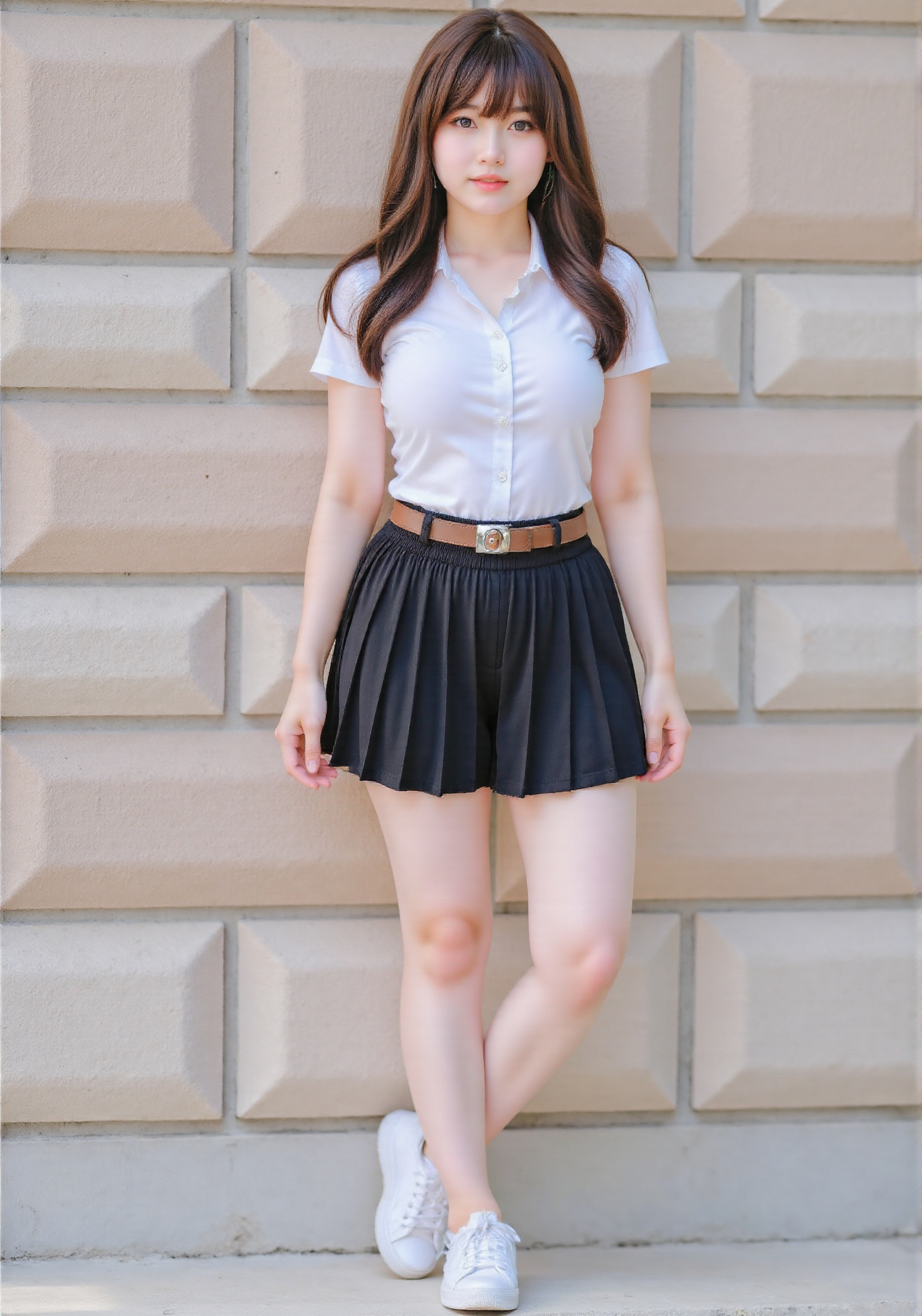 Focus on the upper half of a young woman leaning against a stone wall. Young girl. 1girl. Age20. very long dark brown hair...