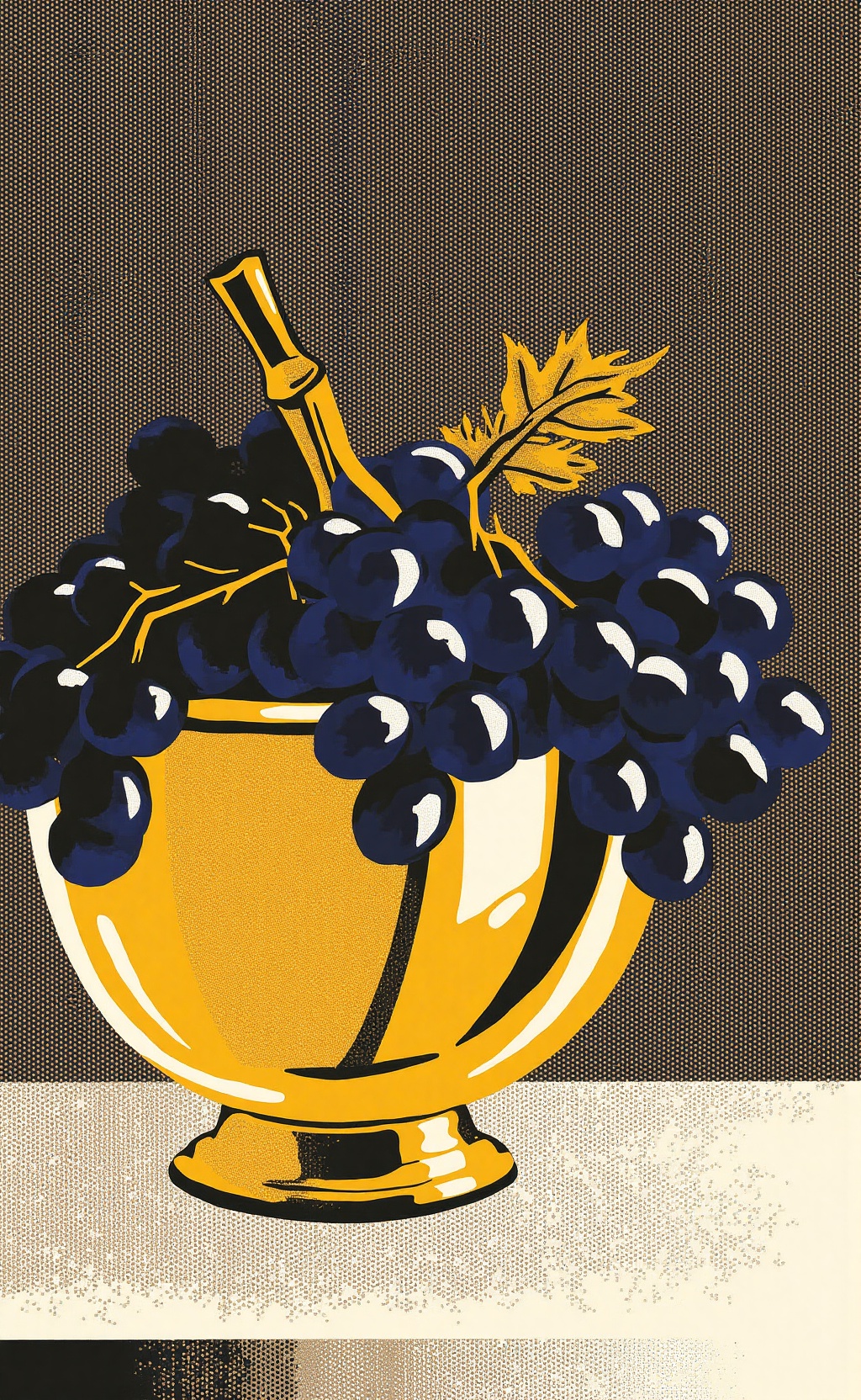 P_style graphic,  still life,  ben-day dots. A golden bowl with dark grapes. on Tensor.Art
