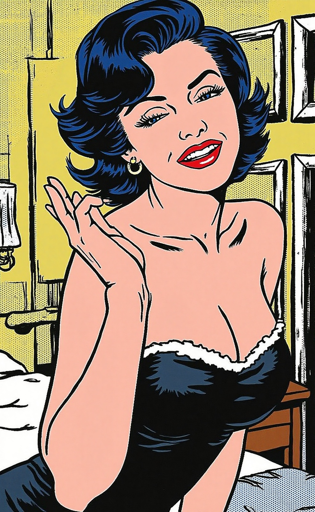 P_style graphic,  comic book aesthetic,  ben-day dots. Upper body portrait. Marilyn Monroe in a snug dress. Her eyes are b...