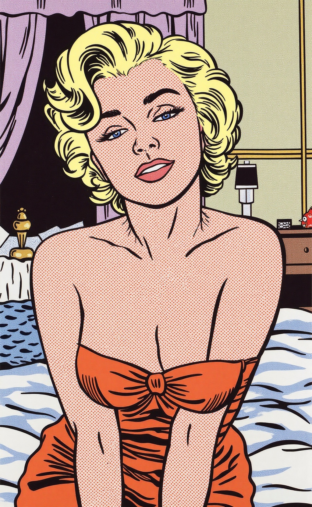 P_style graphic,  comic book aesthetic,  ben-day dots. Upper body portrait. Marilyn Monroe in a snug dress. Her eyes are b...
