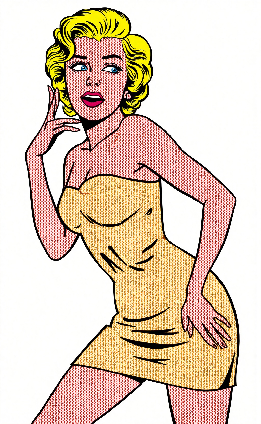P_style graphic,  comic book aesthetic,  ben-day dots. Marilyn Monroe in a snug dress. Her eyes are bright and mischievous...
