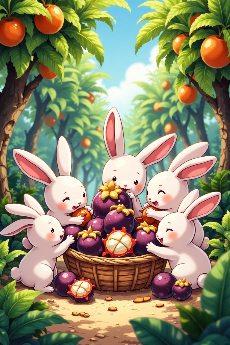 Illustration,  animestyle art: A close-up image of several playful Chibi rabbits placing mangosteen fruits into a basket....