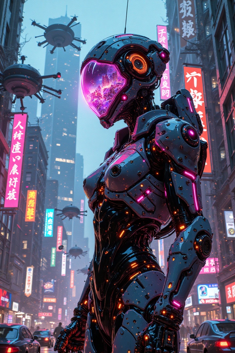 A masterpiece,  high-quality image of a futuristic scout in a sleek,  angular suit embedded with pulsating circuits. Frame...