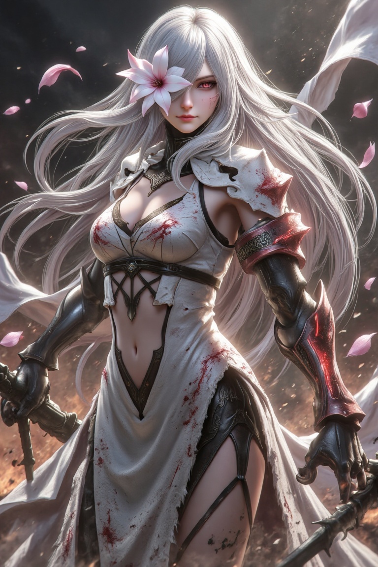 A fierce and battle-worn Beautifull female warrior with long,  flowing silver-white hair,  her right eye covered by a myst...