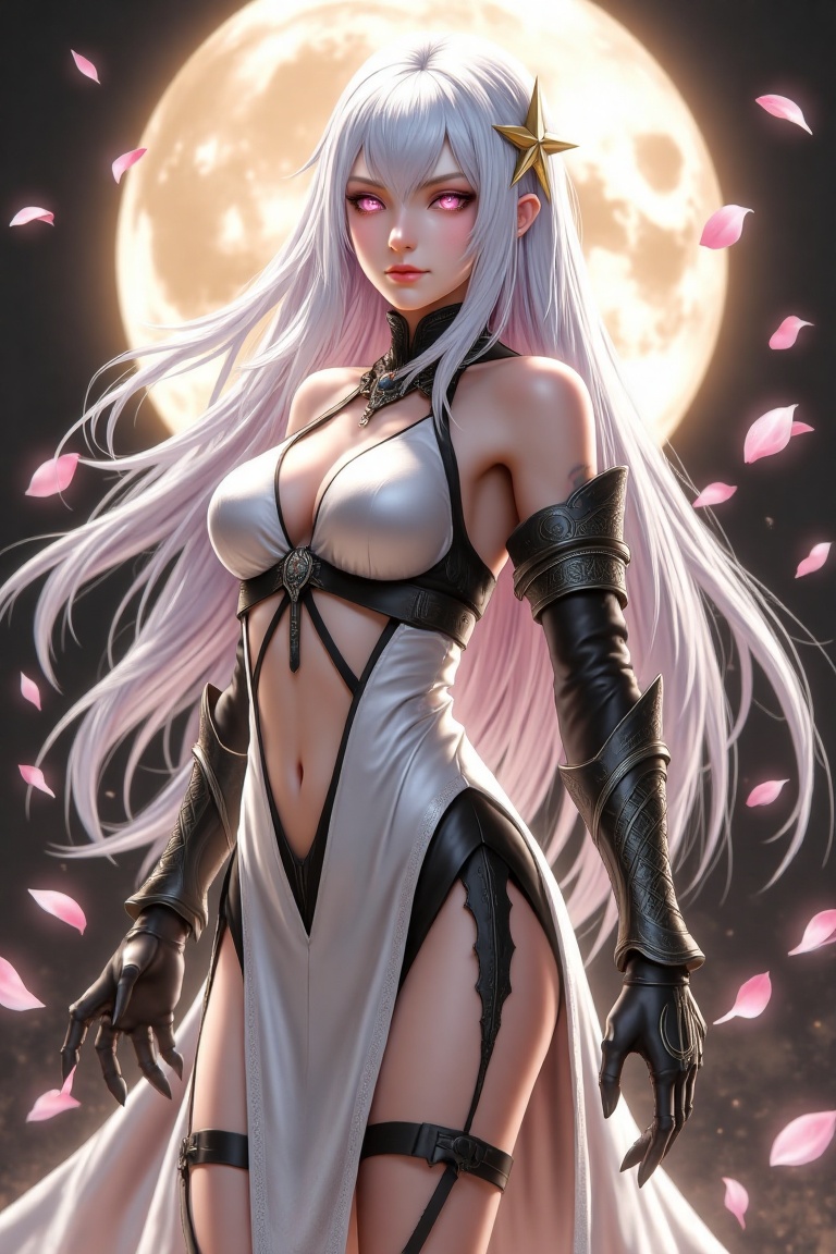 A breathtaking silver-haired female warrior with piercing glowing pink eyes,  radiating an aura of power and mystery. Her...
