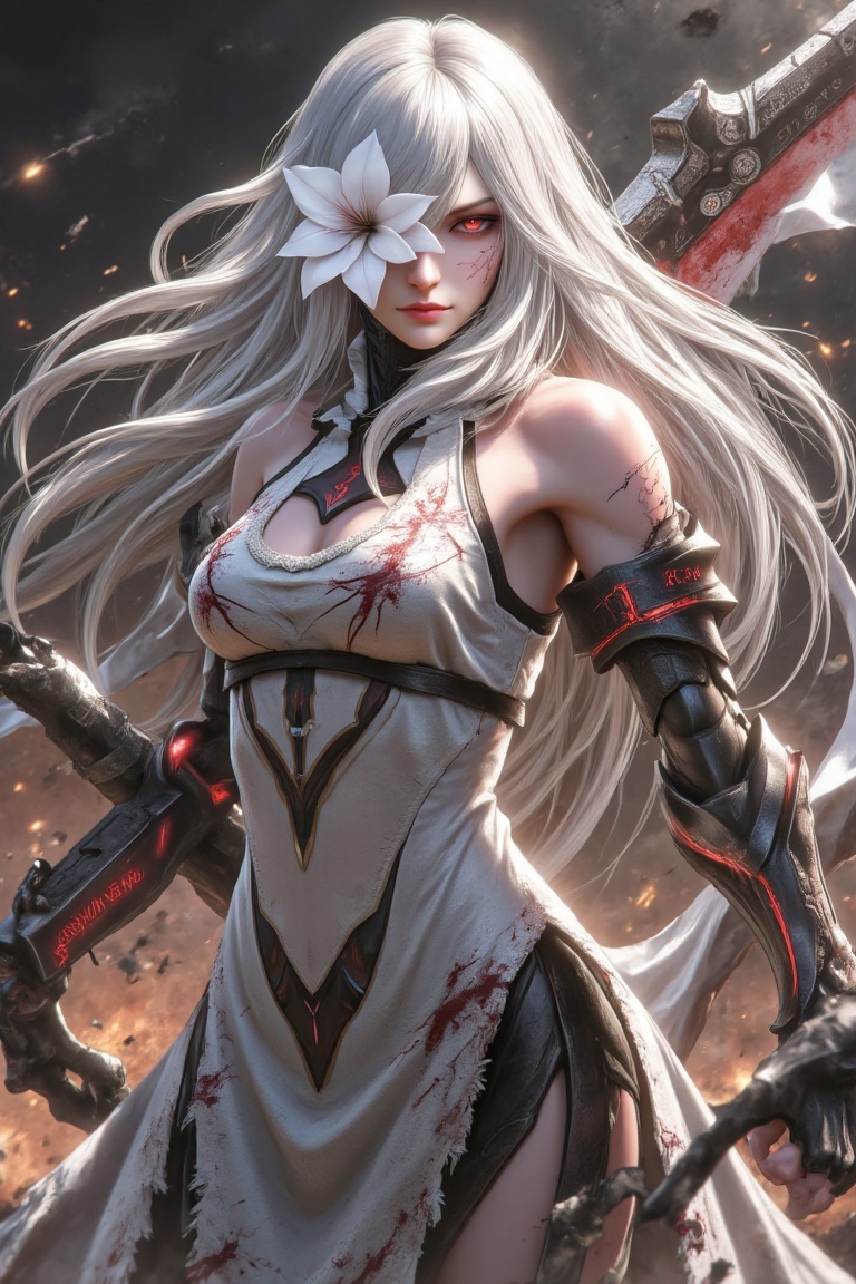 A fierce and battle-worn Beautifull female warrior with long,  flowing silver-white hair,  her right eye covered by a myst...