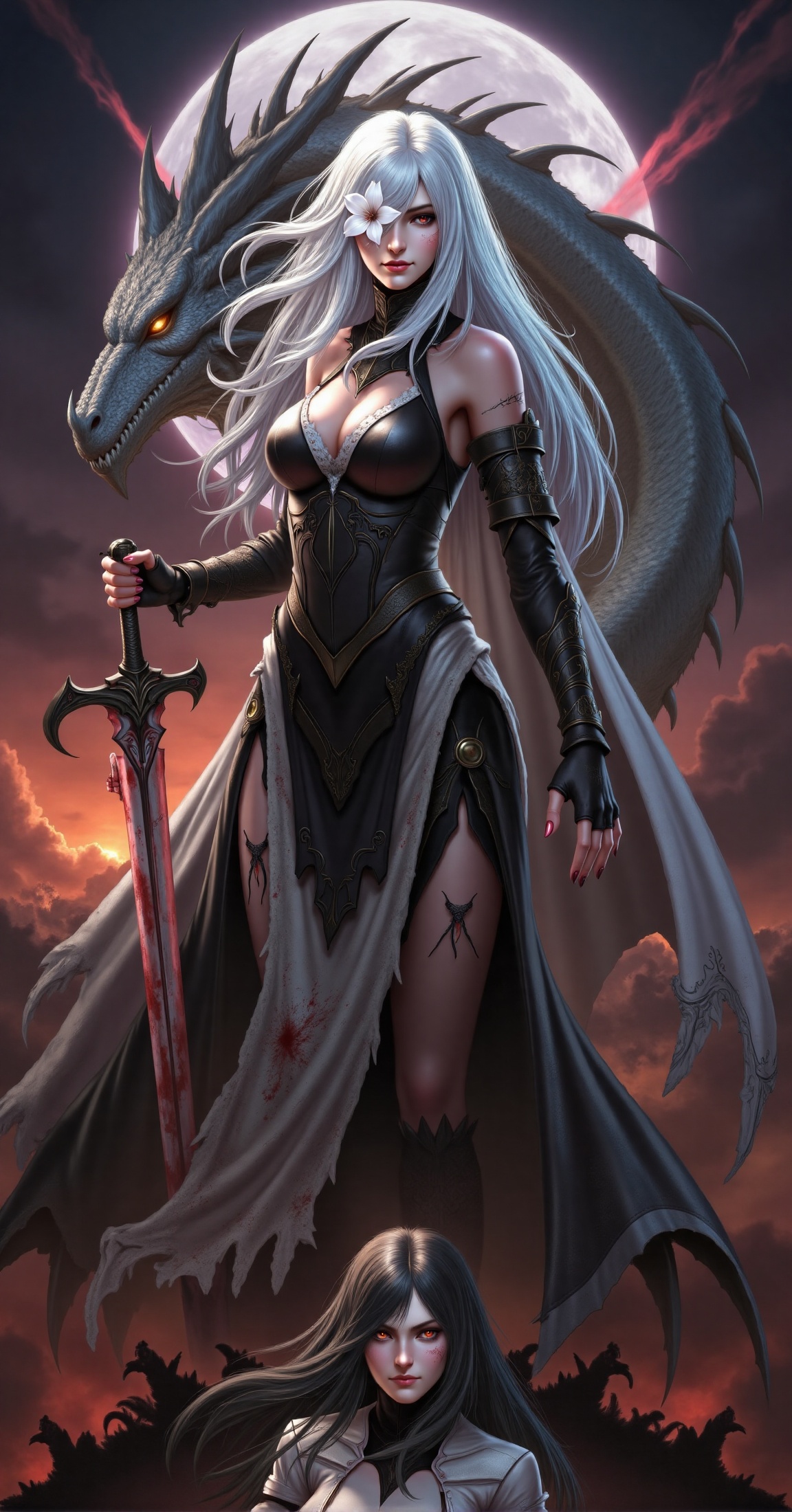 A fierce yet elegant warrior,  a pale-skinned woman with long flowing white hair,  her right eye covered by a mysterious b...
