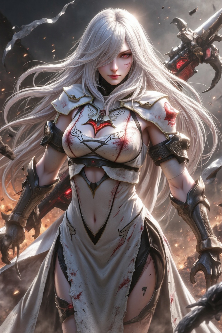 A fierce and battle-worn Beautifull female warrior with long,  flowing silver-white hair,  named Zero a Drakengard 3 Chara...