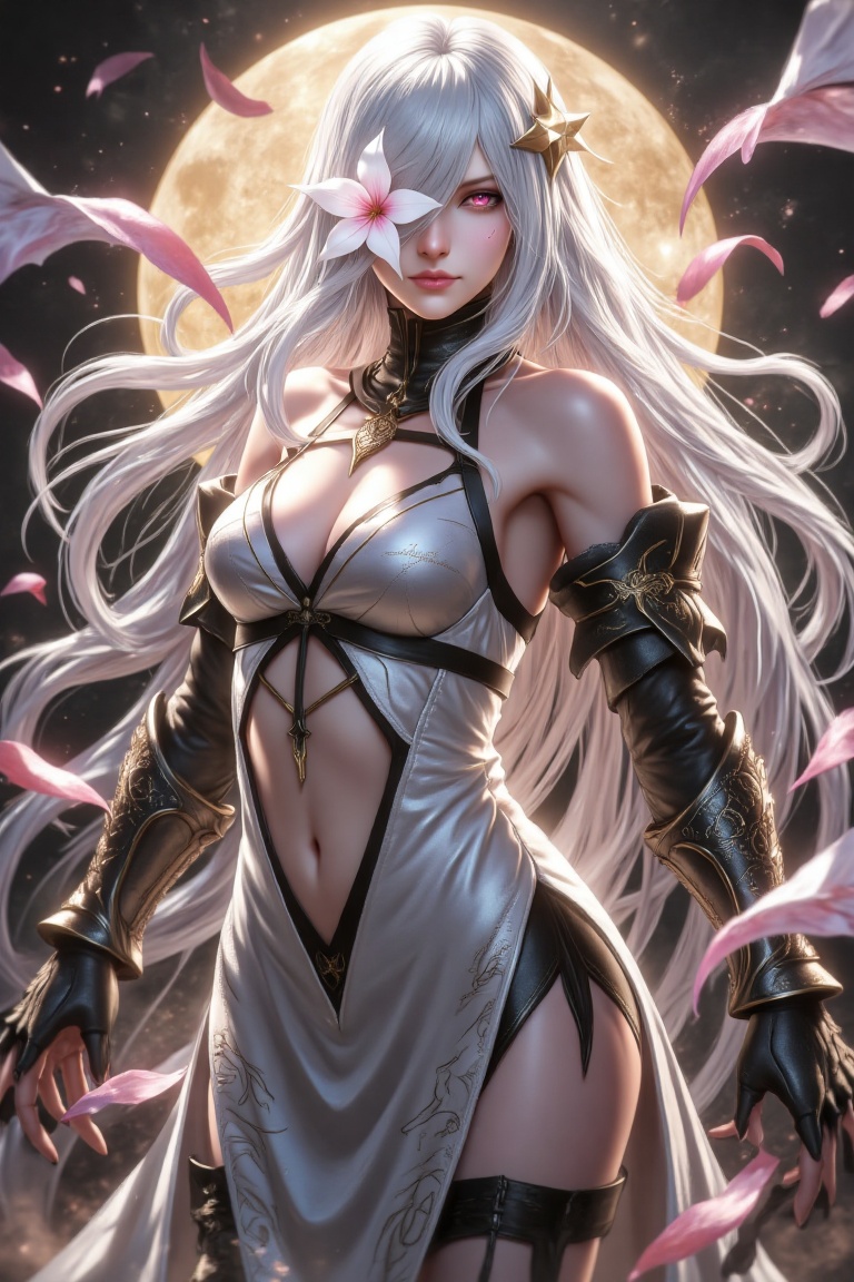 A breathtaking silver-haired female warrior with piercing glowing pink eyes,  radiating an aura of power and mystery.her r...