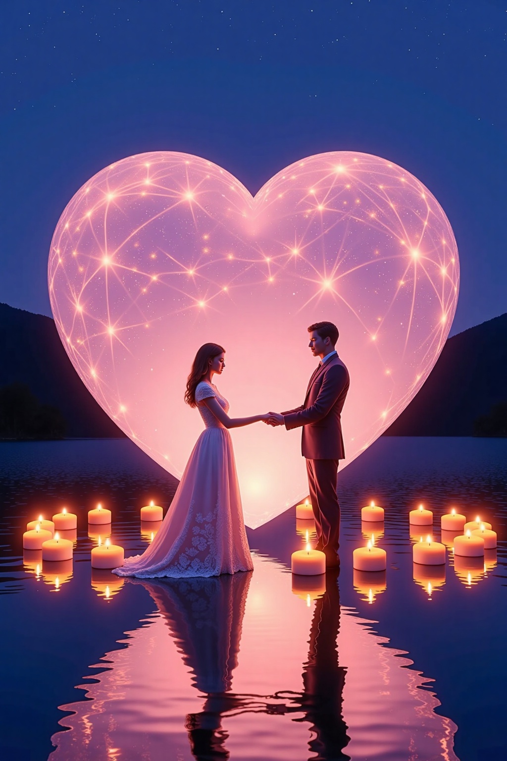 A massive,  glowing crystal heart floating in a serene lake,  its light reflecting across the water's surface. Surrounding...