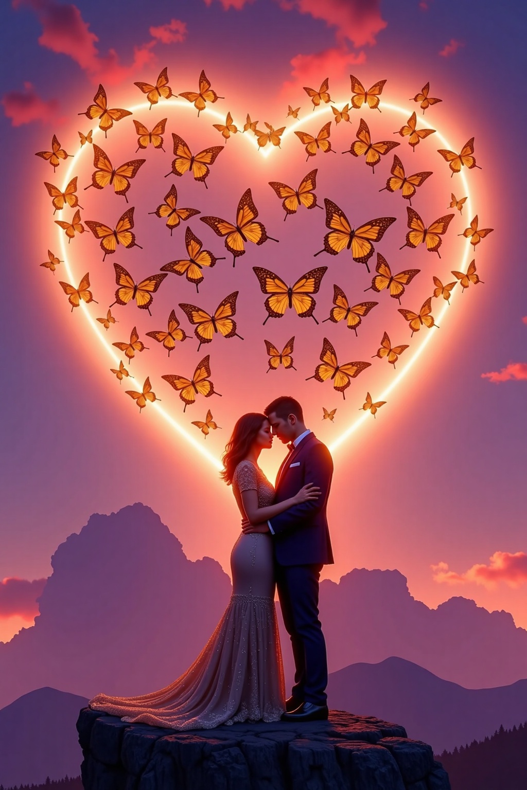 A heart-shaped portal opening in the sky,  releasing hundreds of sparkling golden butterflies that flutter down toward a c...