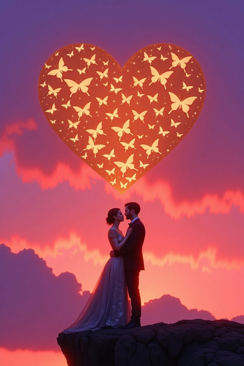 A heart-shaped portal opening in the sky,  releasing hundreds of sparkling golden butterflies that flutter down toward a c...