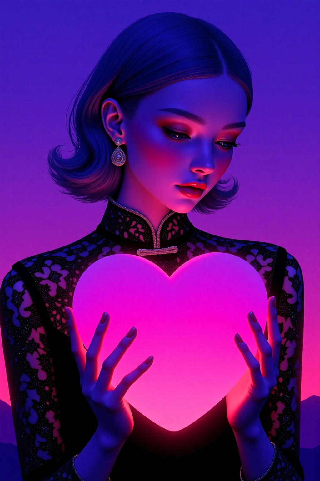 A young woman with short,  vibrant blue-violet hair,  wearing a dark on Tensor.Art