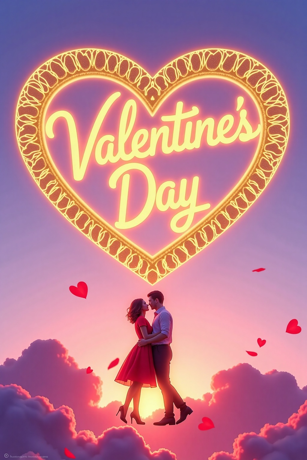 A glowing golden script of "Valentine's Day",  intricately woven into the shape of a giant heart in the sky,  with the glo...