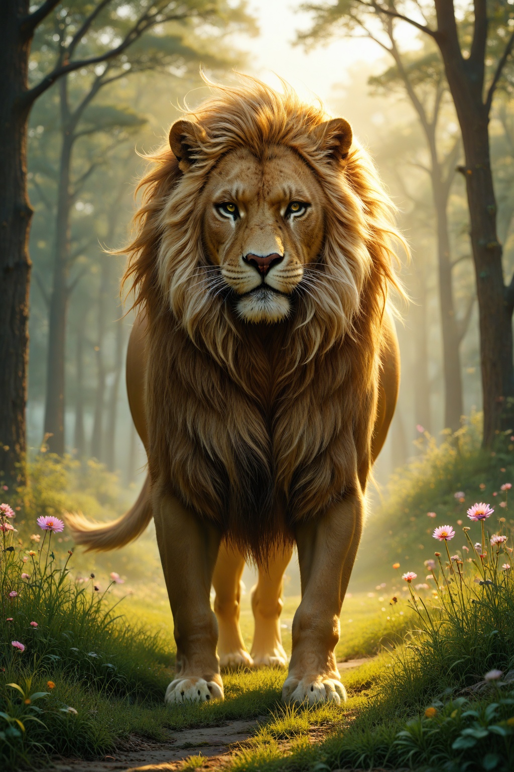 (soft bloom) A majestic white lion walking gracefully through a lush green savannah under a bright blue sky with fluffy wh...