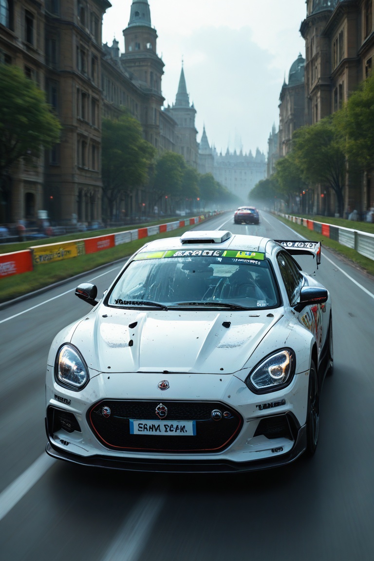 Aerial perspective capturing a vibrant rally racing car,  sleek aerodynamic design,  and dynamic vibrant contrasts on Tens...