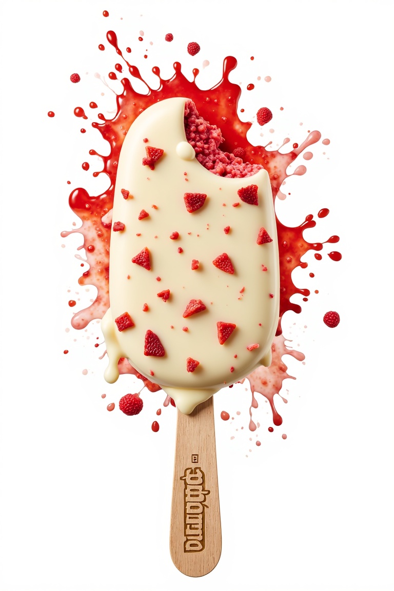 This image showcases a luxurious white chocolate-coated ice cream bar,  featuring a smooth,  creamy interior with a swirl...
