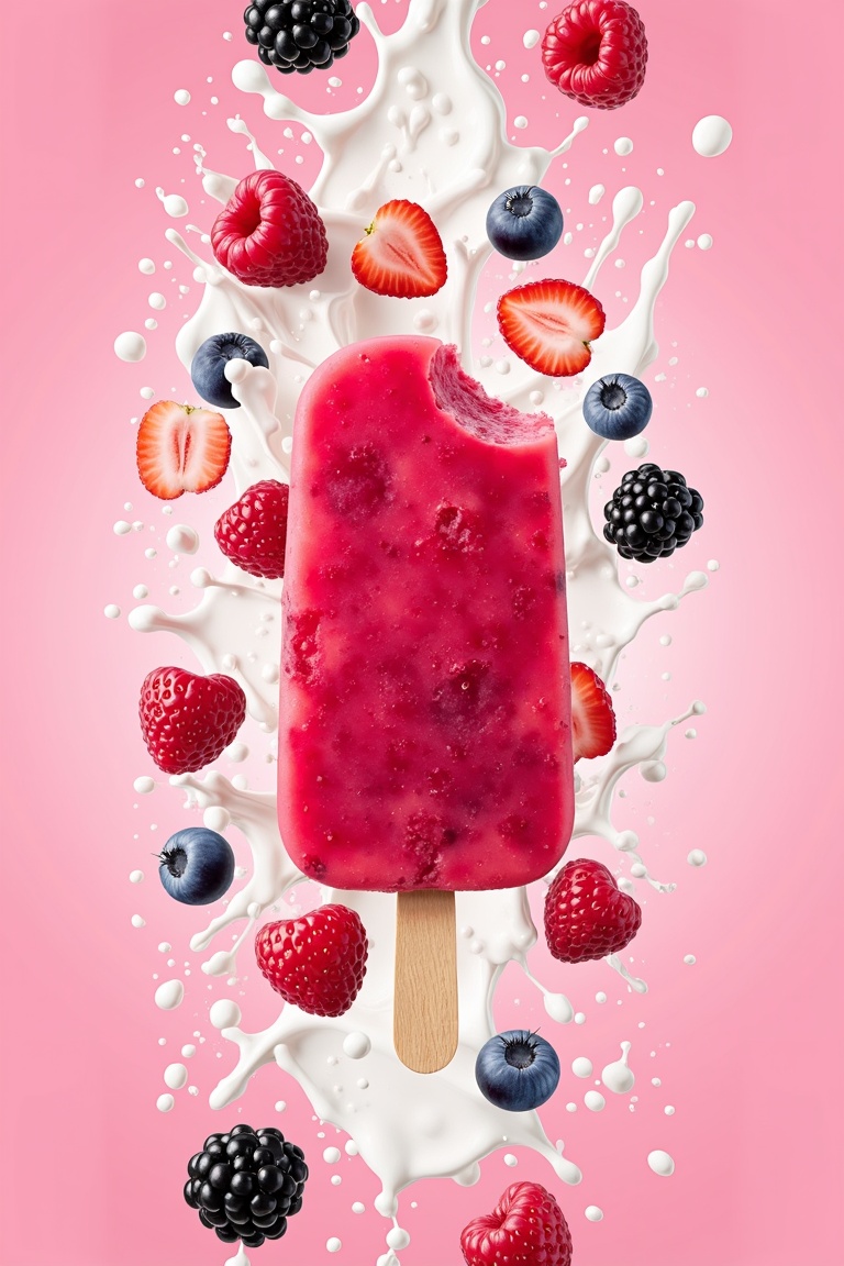 This image showcases a vibrant red fruit popsicle,  featuring a glossy surface and a juicy berry-filled core,  creating an...