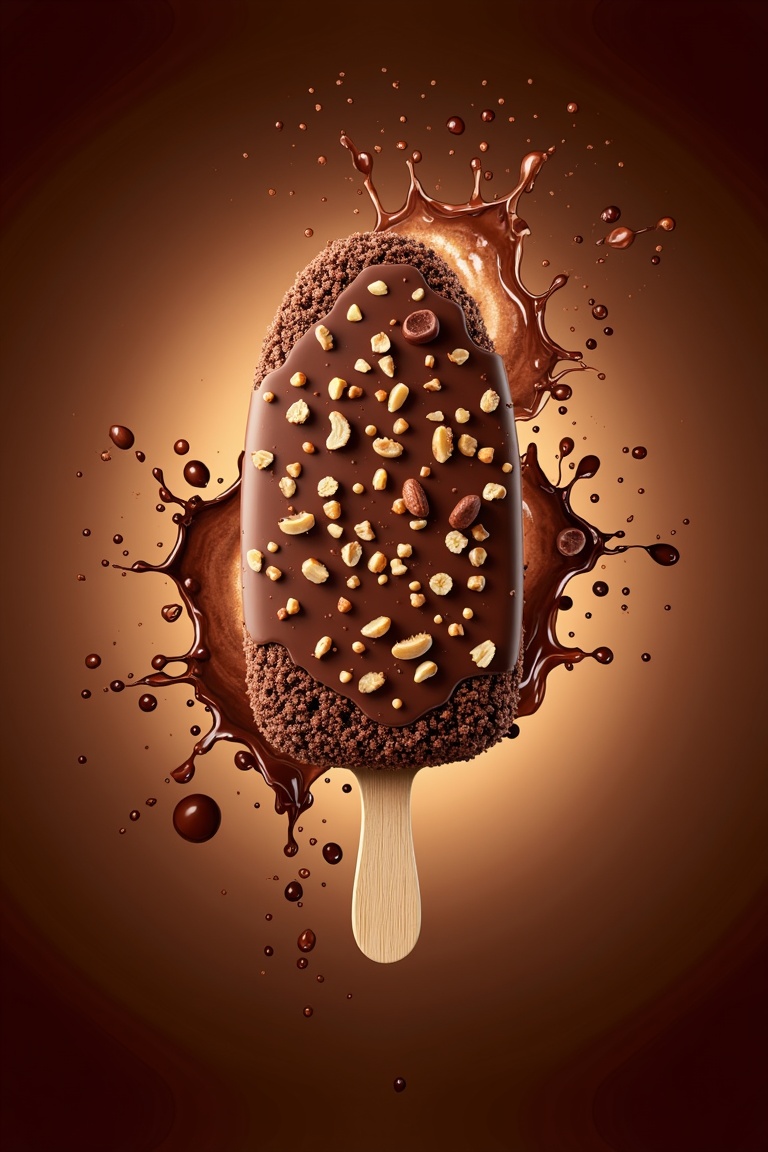 This image showcases a luxurious chocolate-coated ice cream bar,  with a crunchy chocolate shell encasing a smooth,  cream...