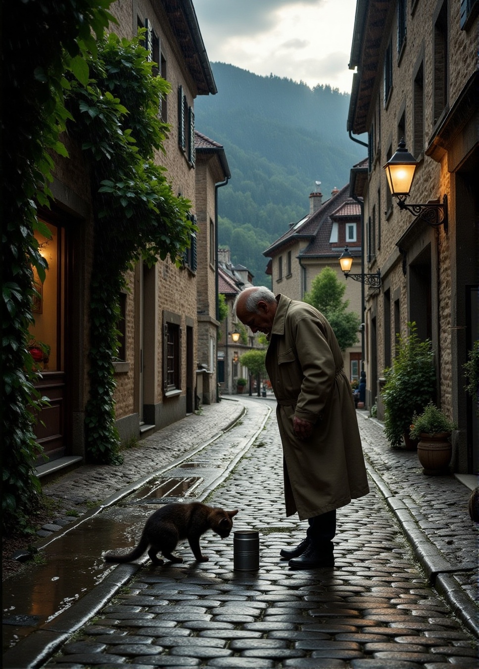 Cinematic photography of a narrow,  rain-soaked alleyway in a historic Bavarian city. In the foreground,  an old man with...