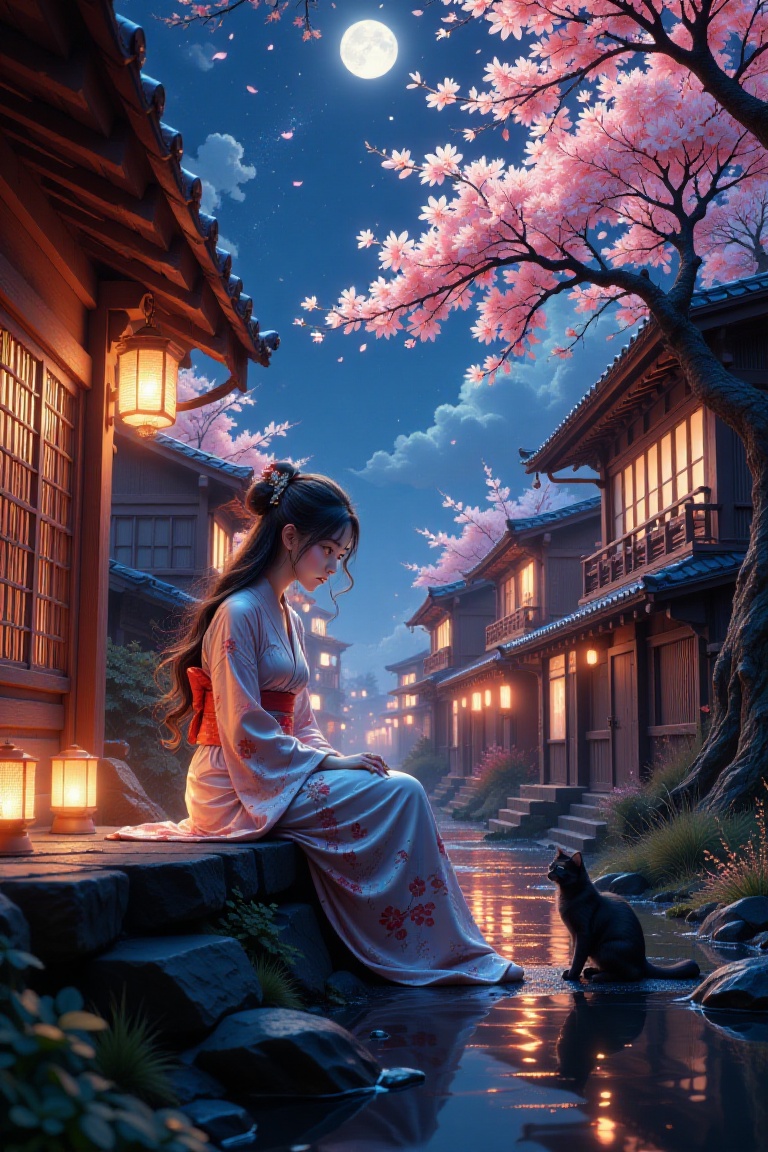 Magicy,  A digital illustration shot from the side,  featuring a serene scene of a young woman in her early twenties sitti...