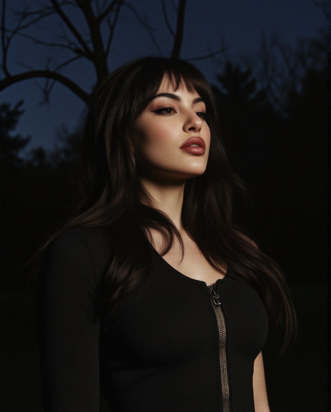 A modern minimal goth outfit femme fatale stands against a dark,  misty backdrop,  surrounded by eerie on Tensor.Art
