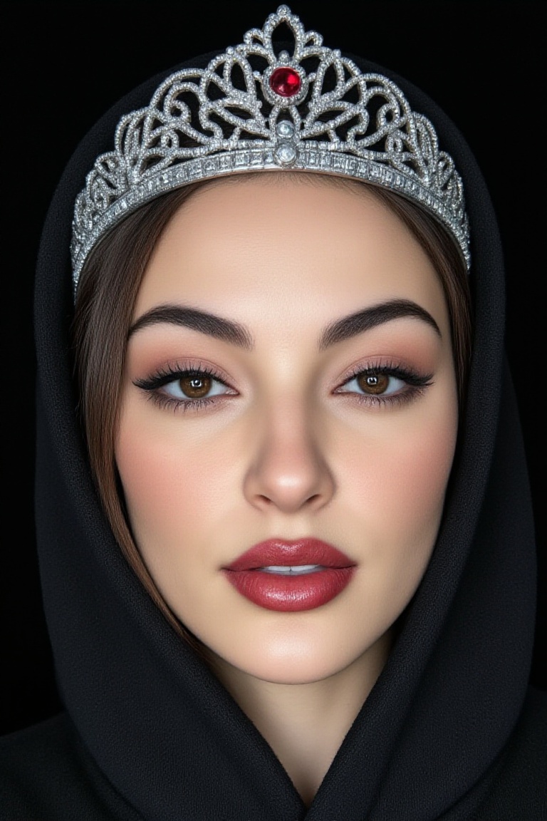 A close-up of a pale woman's face with smooth white skin. Her lips are dark red and glossy,  slightly parted to reveal whi...