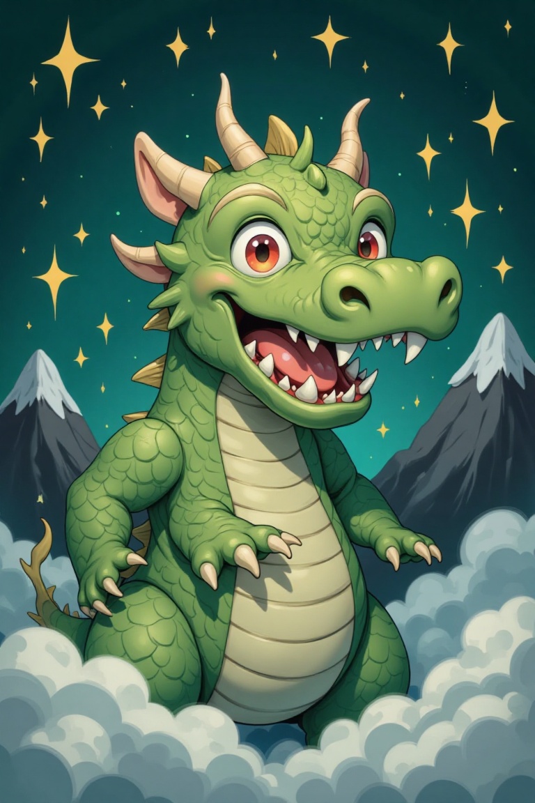 The image depicts a whimsical scene featuring a child dressed in a green dragon costume. The costume is detailed with scal...