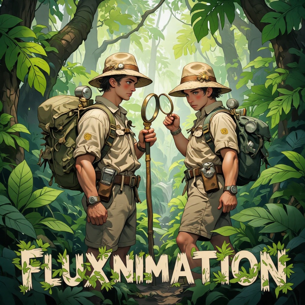 The image depicts two man dressed in safari outfits,  exploring a dense jungle. They are wearing beige hats,  shorts on Te...