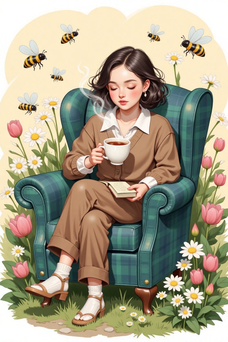 The image depicts a cozy and serene scene of a person sitting on a blue armchair,  surrounded by nature. The person is dre...