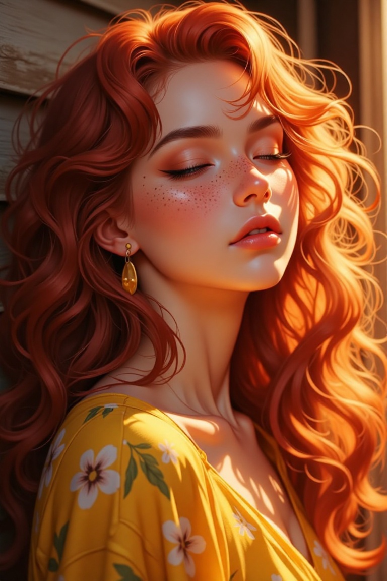 The image depicts a person with long,  wavy red hair,  illuminated by warm sunlight. The person's face is partially visibl...