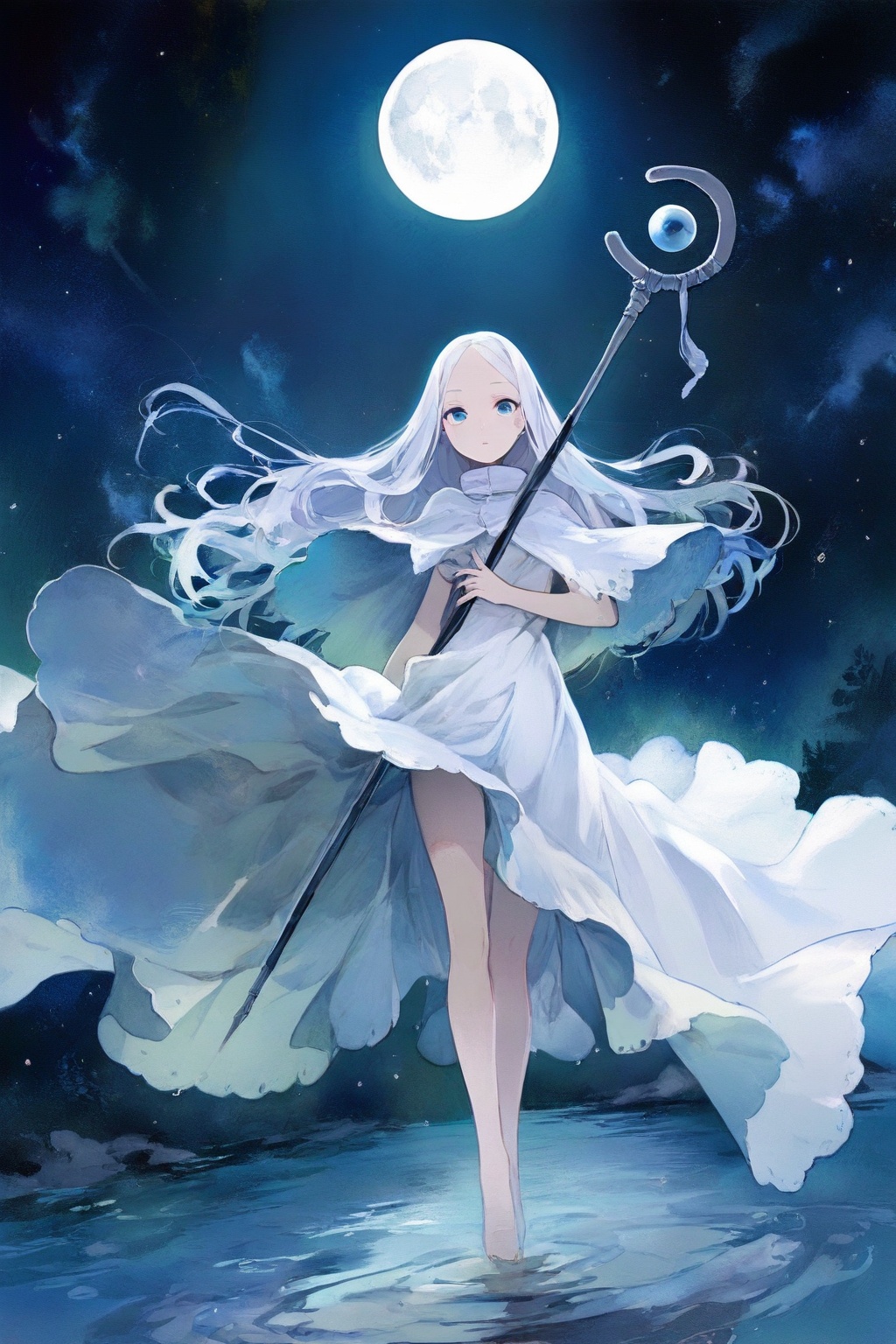 A majestic masterpiece unfolds: a lone girl,  donning a flowing white dress and capelet,  floats effortlessly in the night...